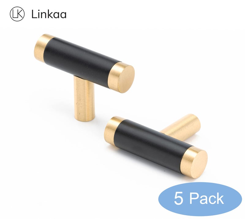 Linkaa 5 Pack ä¸¨Kitchen Cabinet Knobs Handles Gold Drawer Pulls with Black Planting,Single Hole Drawer Knobs for Kitchen Cabinet Dresser Knobs Black (5 Packï¼ŒKnobï¼ŒSolid Brass) - Image 2